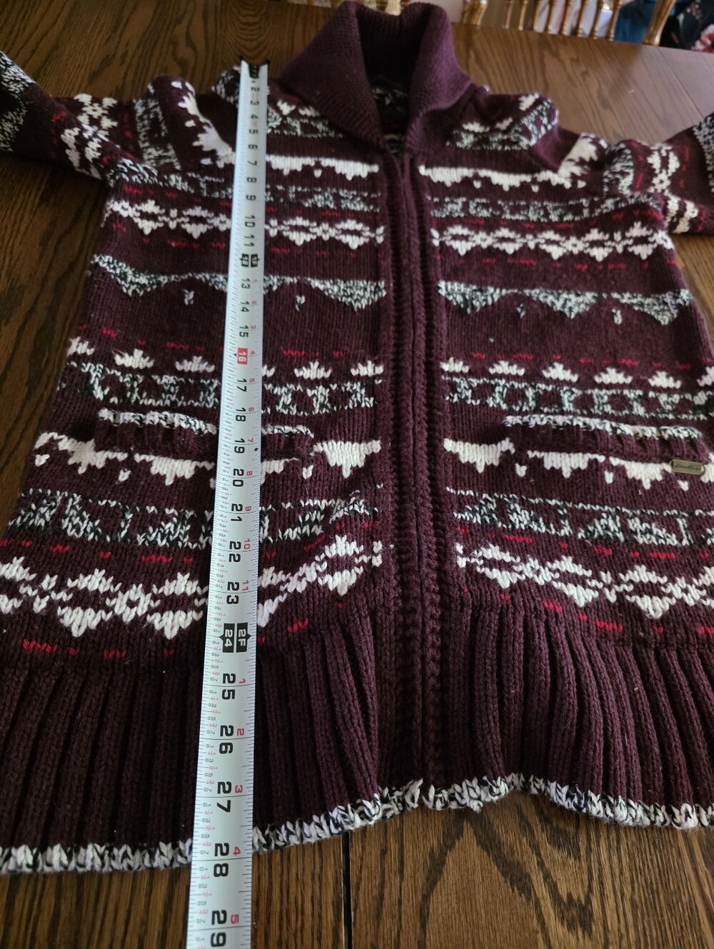 Eddie Bauer Wool Blend Fair Isle Cardigan L Burgundy Nordic Scandi Full Zip - Picture 12 of 13
